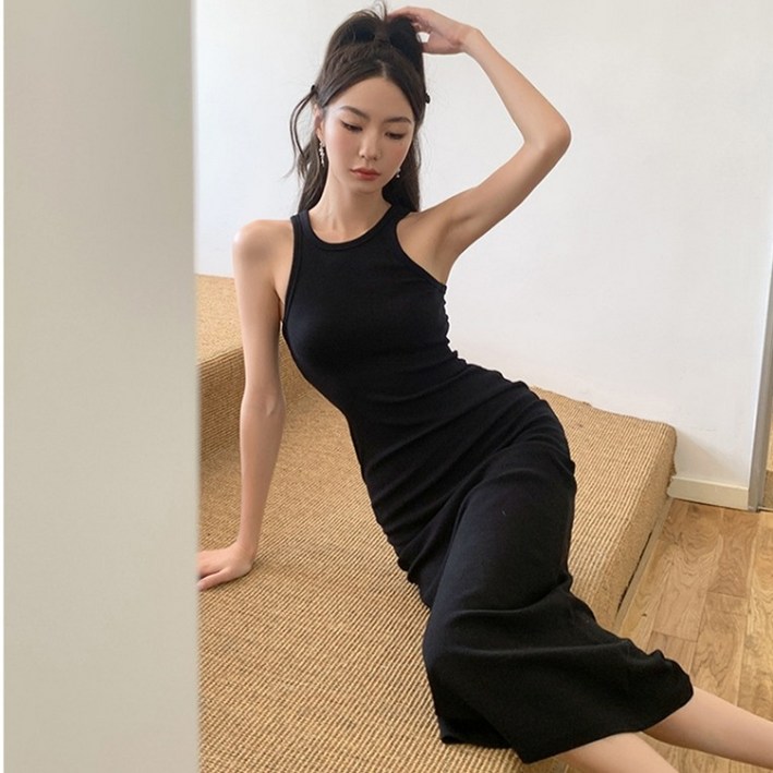 피어니스트 뒤트임 홀 슬림핏 나시 롱 캐주얼 원피스