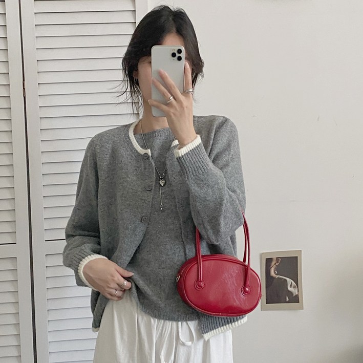 세컨핑크 여성용 라인 울 혼방 니트 나시 + 가디건 세트 #Y04