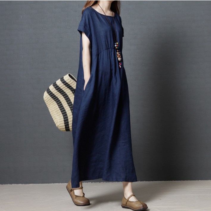 POMTOR여성용 여름 롱 반팔 린넨 원피스