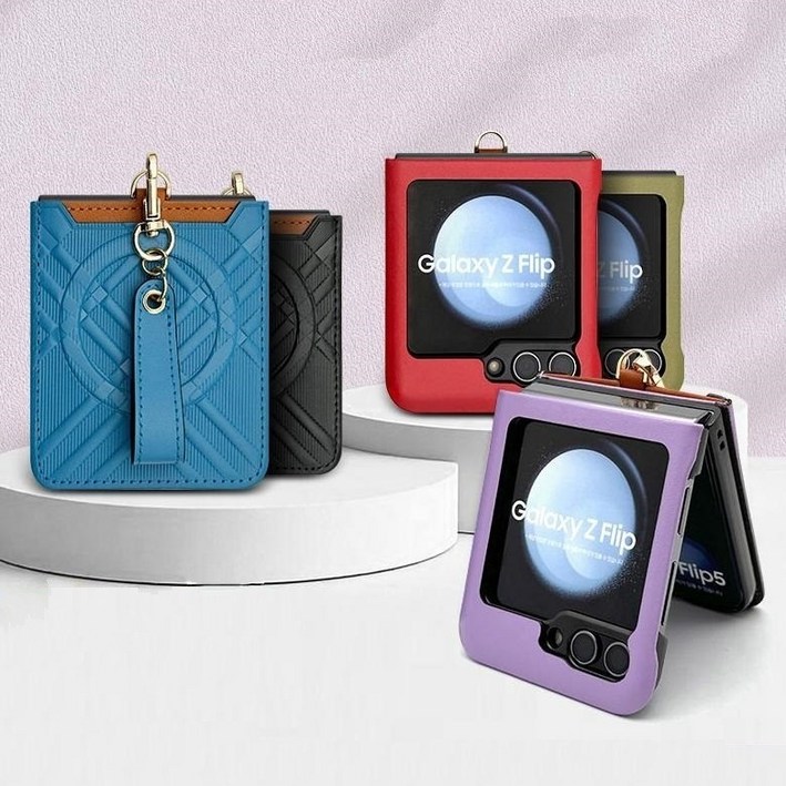 갤럭시 Z플립 5 6 7 블루까사 패턴 힌지보호 맥세이프 천연가죽 카드지갑 케이스