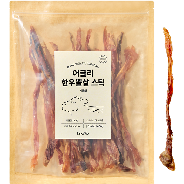 놀로 어글리 한우 뽈살스틱 불리스틱 간식 오래먹는 분리불안 이갈이 설채현, 1개, 400g, 한우뽈살