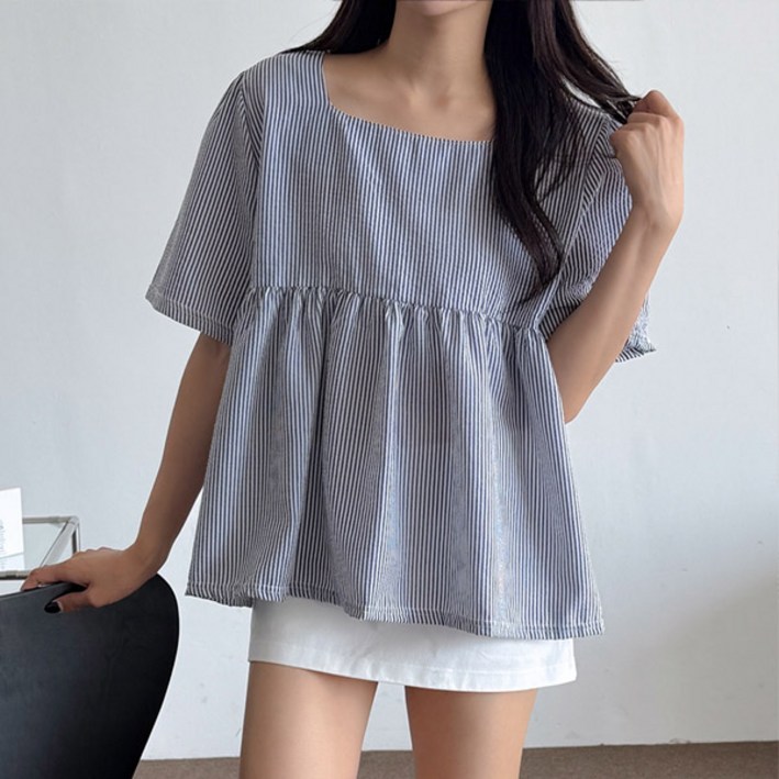 마이쏭 여성 여름블라우스 반팔 엘리제스퀘어프릴블라우스