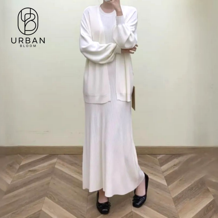 어반블룸 여성 골지 롱 민소매 원피스 가디건 투피스 니트 셋업