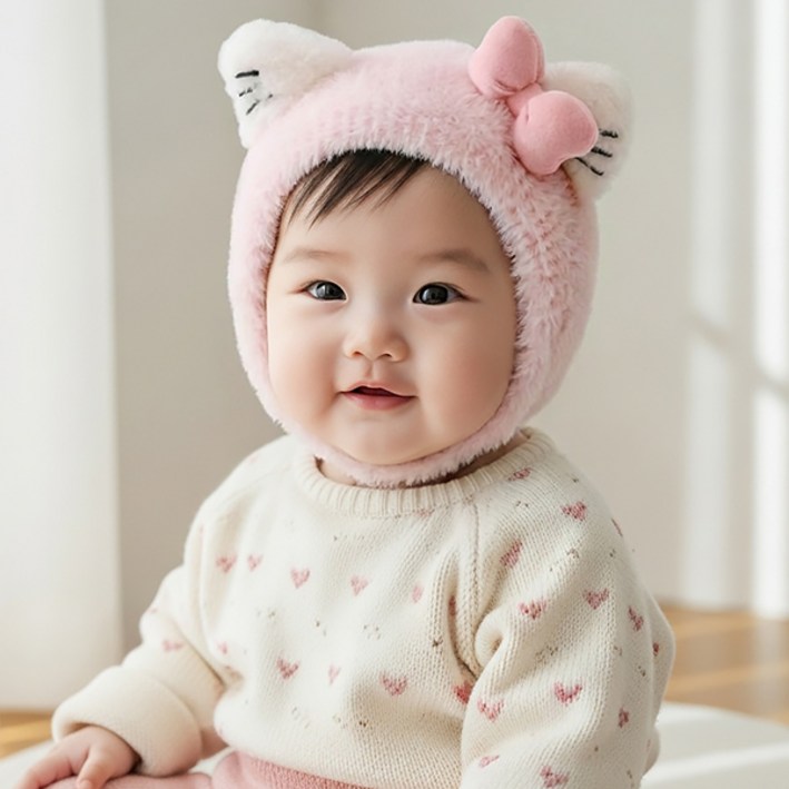 몽실이 리본 냥이 밍크보넷 신생아 아기 돌 여아 겨울모자 털모자 방한 모자
