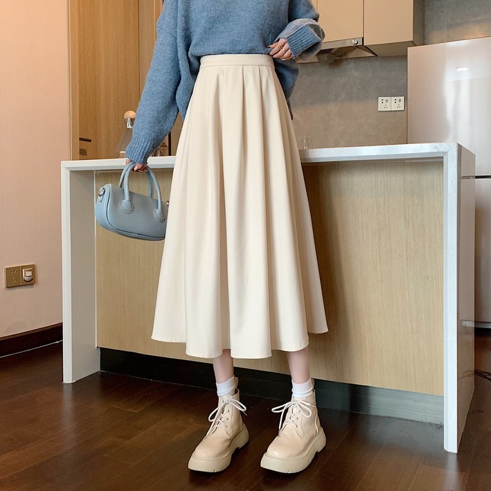 ASURE 여성 사계절 롱스커트 밴딩 주름 플레어스커트