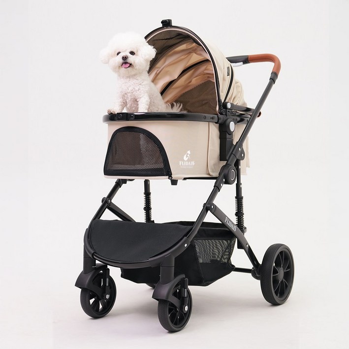 플리다스 디럭스 분리형 원터치 펫 유모차 개모차 애견 반려견 경량 퀵폴딩 소형견 중형견, 아이보리, 1개, 고급형