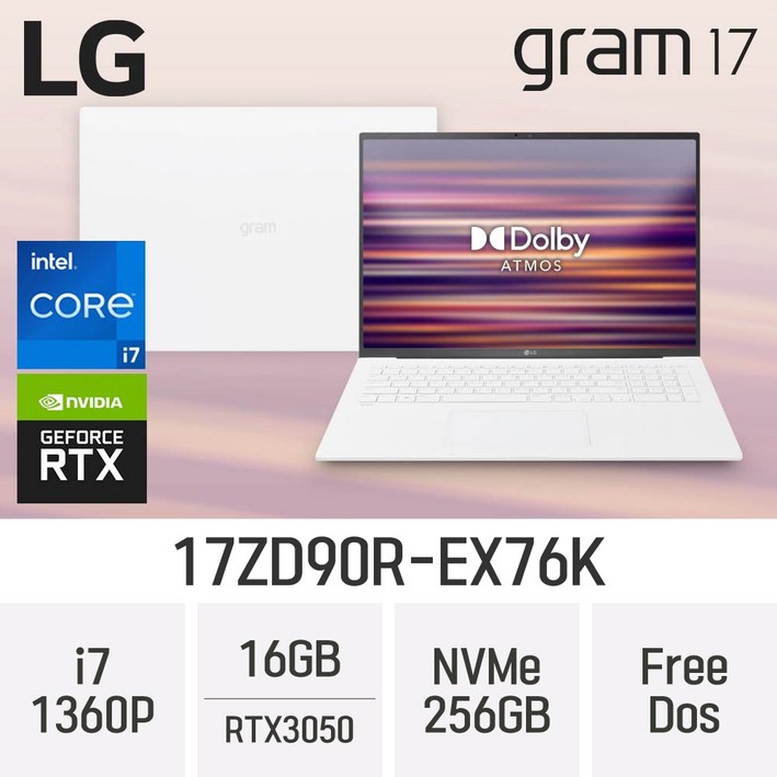 RTX 3050 탑재 LG전자 2023 그램17 13세대 17ZD90REX76K 최신형 고성능 노트북 무선마우스밸류팩 증정, 17ZD90REX76K, Free DOS, 16GB, 256GB, 코어i7, W RTX 3050 탑재 LG전자 2023 그램17 13세대 17ZD90REX76K 최신형 고성능 노트북 무선마우스밸류팩 증정, 17ZD90REX76K, Free DOS, 16GB, 256GB, 코어i7, W