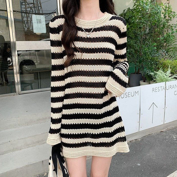 jieve 여성용 스트라이프 니트 원피스 가을 겨울 캐주얼 롱 슬리브 귀여운 라운드넥 루즈핏SL090972