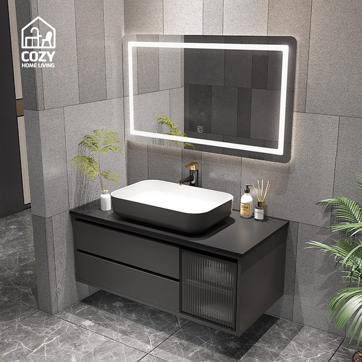 코지홈리빙 고급스러운 화장실 세면대 하부장 세트 거울포함 블랙 수납장, 블랙