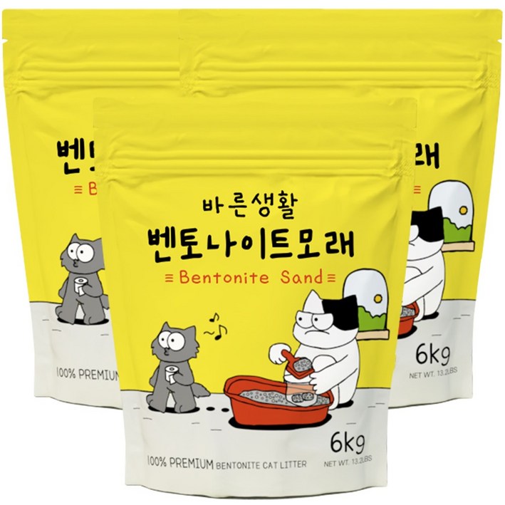 바른생활 먼지없는 벤토나이트 고양이모래, 무향10L, 3개, 6kg 바른생활 먼지없는 벤토나이트 고양이모래, 무향10L, 3개, 6kg