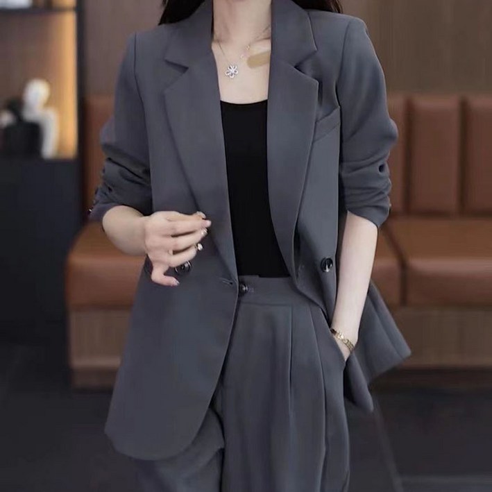 8xl까지 빅사이즈 여성 정장세트 캐주얼 클래식 순색 양복세트 투버튼 긴팔 정장코트와이드 팬츠 투피스 순색 상하세트