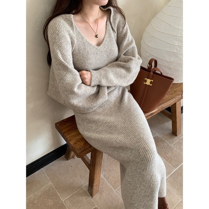 바몬트 니트 볼레로세트 브이넥원피스가디건 니트2color 하객룩니트원피스셋업볼레로세트니트롱원피스겨울하객룩원피스니트가디건뷔스티에니트원피스