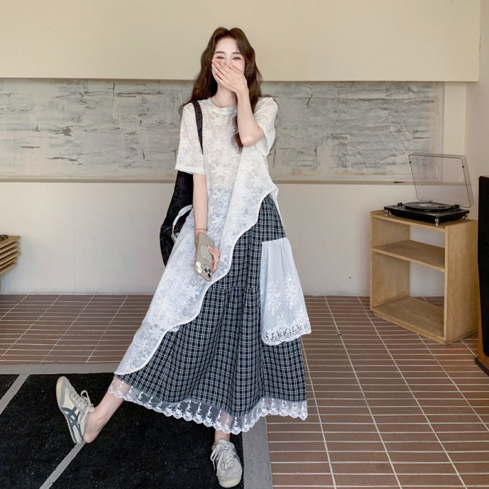 MIREA 여성 반팔 레이스 블라우스 체크 롱스커트 세트 봄여름 데일리