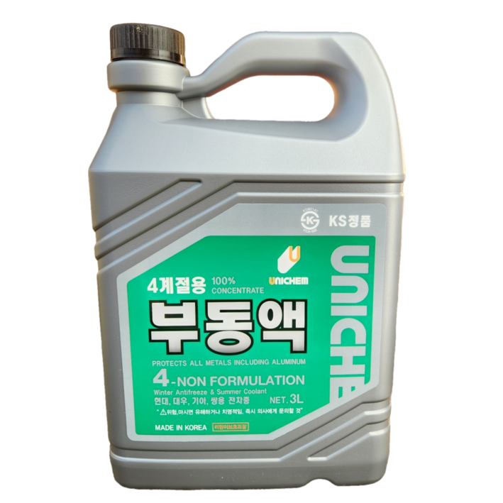 유니켐 부동액 3L 사계절용 냉각수 동결방지 부식방지 말통 업소용 자동차용 전차종 유니켐 부동액 3L 사계절용 냉각수 동결방지 부식방지 말통 업소용 자동차용 전차종