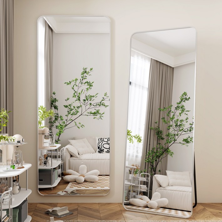 뷰티피크 3in1 스탠드 벽걸이 거치형 강화 안전 유리 전신거울 라운드형, 실버