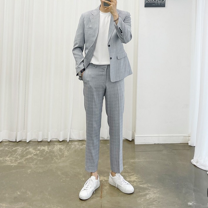 아도르클래식 Mousse 글랜체크 반밴딩 한여름, 봄, 가을 캐주얼 스판 정장 수트 세트 아도르클래식 Mousse 글랜체크 반밴딩 한여름, 봄, 가을 캐주얼 스판 정장 수트 세트