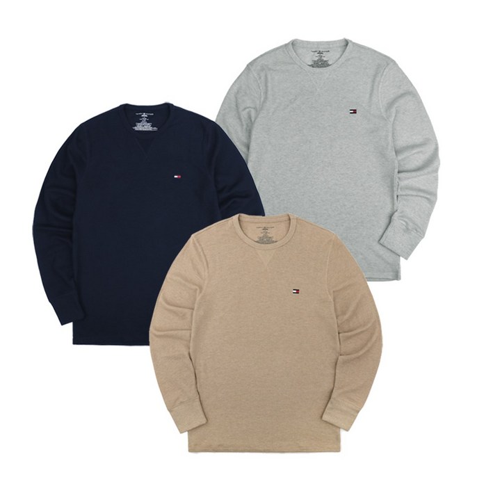 타미힐피거 남녀공용 와플 크루넥 긴팔 티셔츠 캐주얼 데일리