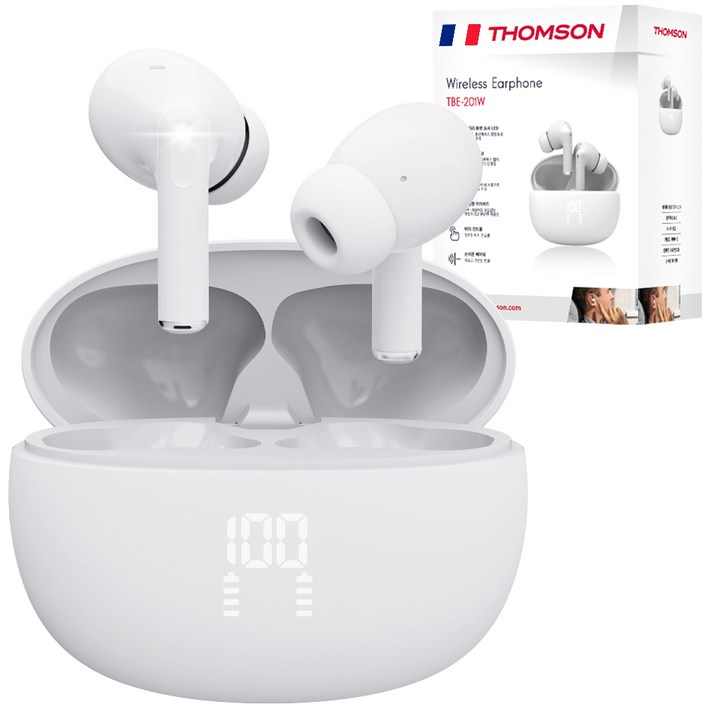 프랑스 톰슨 ENC 노이즈 캔슬링 LED 블루투스 6.0 이어폰 무선 방수, 화이트 TBE-201W
