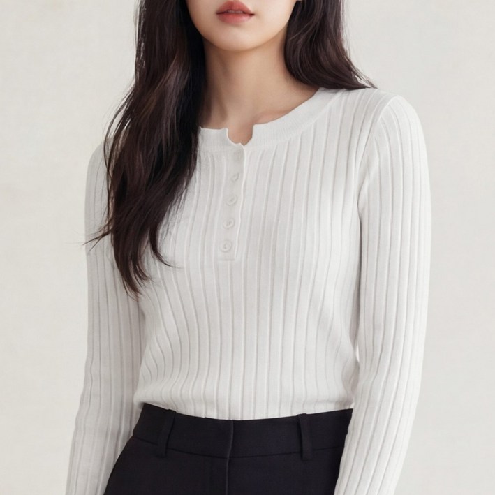 라뷰드 여성 슬림 라운드 단추 골지 니트 티셔츠 여자 데일리 겨울 이너티 기본 간절기 긴팔티 신축성 좋은 버튼 레이어드 상의