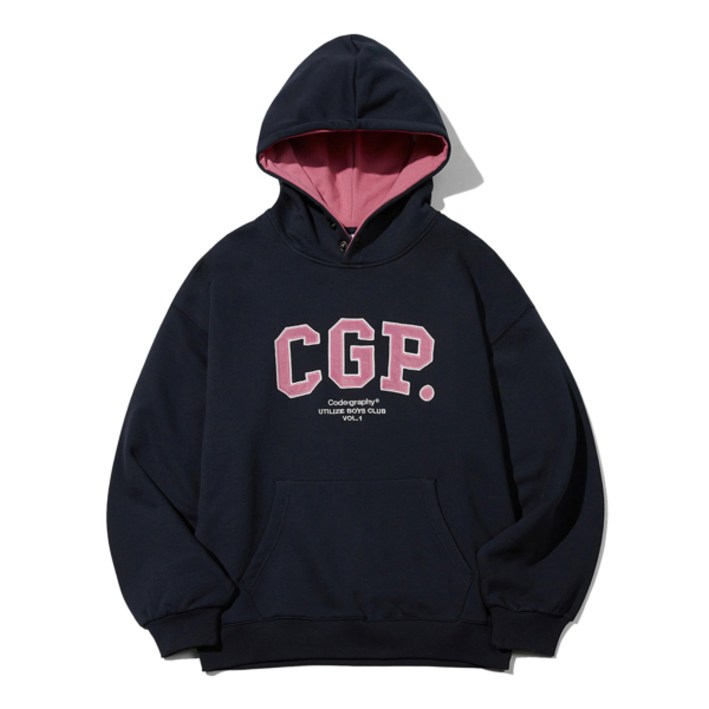 코드그라피 CODEGRAPHY 지향 착용 CGP 아치 로고 배색 스냅 후드티_네이비
