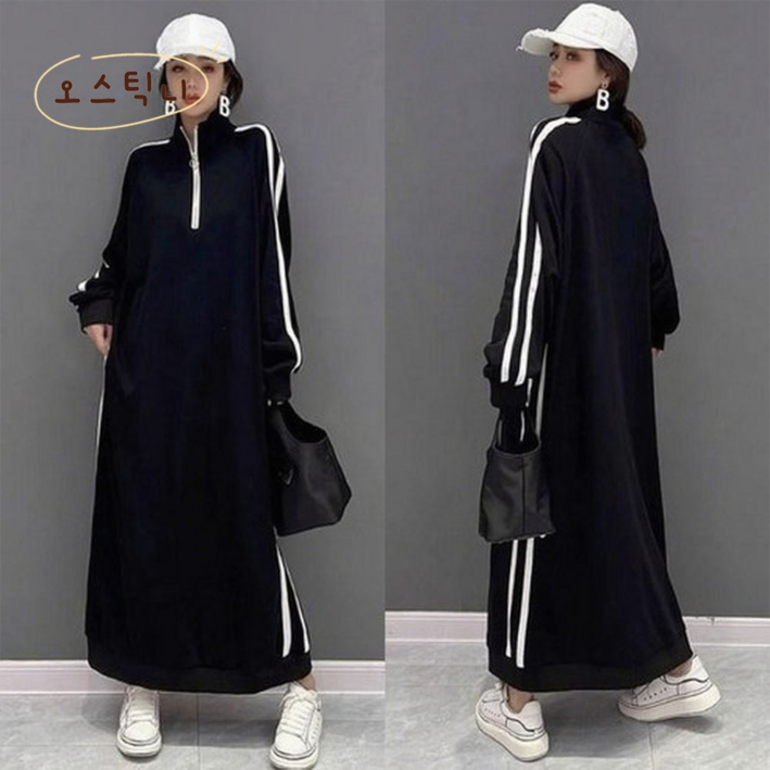 오스틱니 150kg까지 날씬해보이는 원피스 여성 가을 스트라이프 반집업 칼라 제인드 맨투맨 오버핏 이너 긴팔 캐주얼 패션 데일리 클래식배색 빅사이즈 오버사이즈 롱 원피스