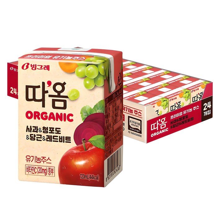 따옴 오가닉 주스 사과 청포도 당근 레드비트, 120ml, 24개