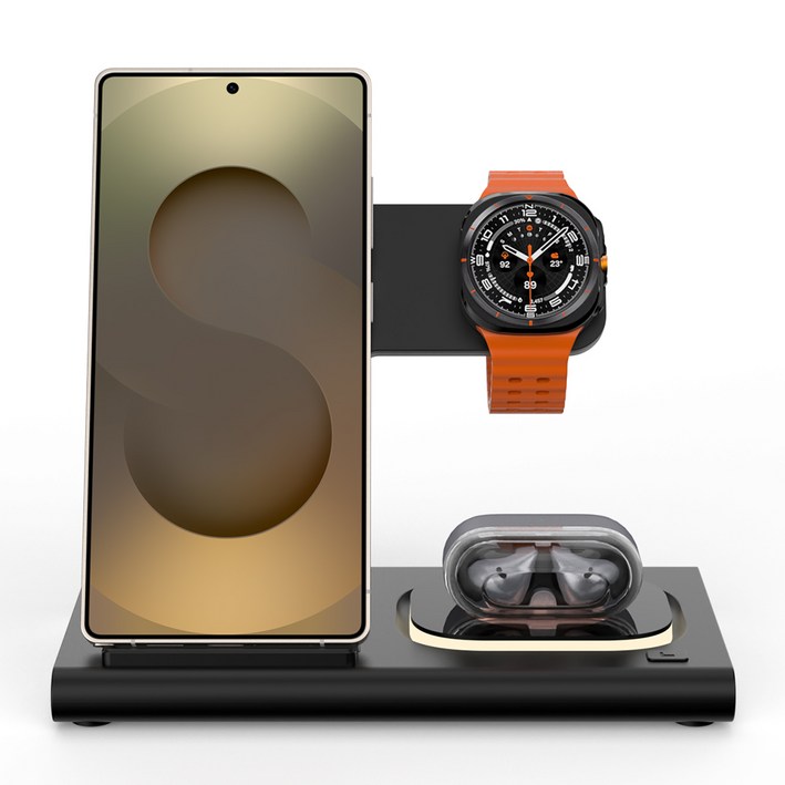 3in1 접이식 무선충전기 갤럭시 S25울트라S24 워치울트라76 버즈2 프로 호환, 검은색, 1개