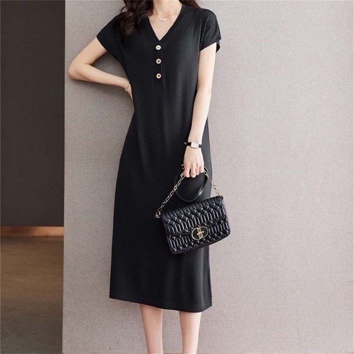 besteffie 베이직 빅사이즈 여성용 봄여름용 롱 드레스 심플 클래식 브이넥 반팔 버튼 장식 출근룩 여자 H라인원피스 Q55