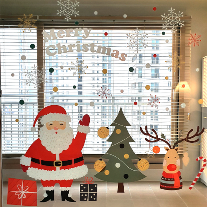 피노마켓 크리스마스 스티커 창문 스티커 대형 PET 스티커, 디자인 B산타할아버지와 눈사람