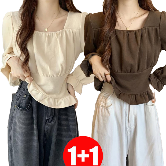 지고다그 1+1 여성 간절기 스퀘어넥 블라우스 프릴 밑단 허리라인 슬림핏 긴팔 상의 GJX2769