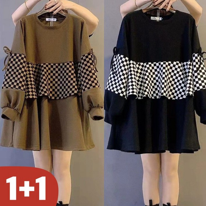 (대박난) 100kg까지 빅사이즈 여성 페이크 레이어드 라운드 체크 원피스 봄 가을 편한 미디 이어붙이다 리본 나팔 디자인 핏 예쁜 외출용 데일리룩 루즈핏 날씬해보이는 맨투맨티