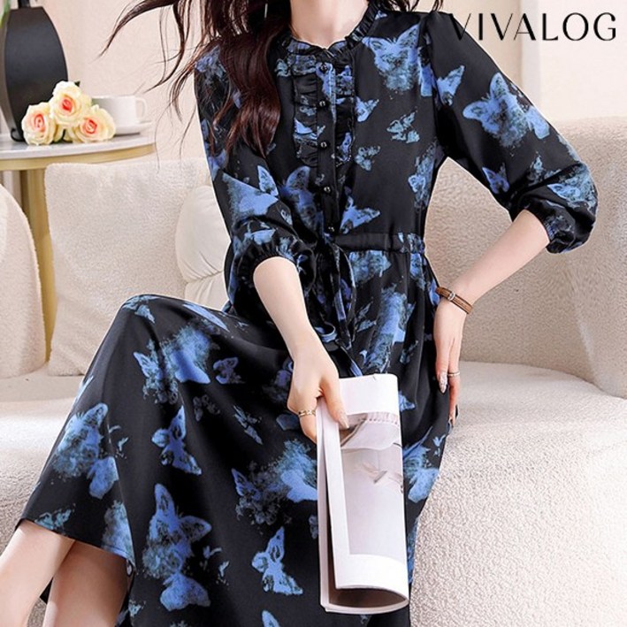 비바로그 퀸즈 패턴 프릴 반오픈 원피스