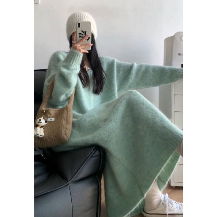 PETITBATH 여성용 데일리  루즈핏 퍼지 니트 롱원피스 라운드넥250729SYWZS3366