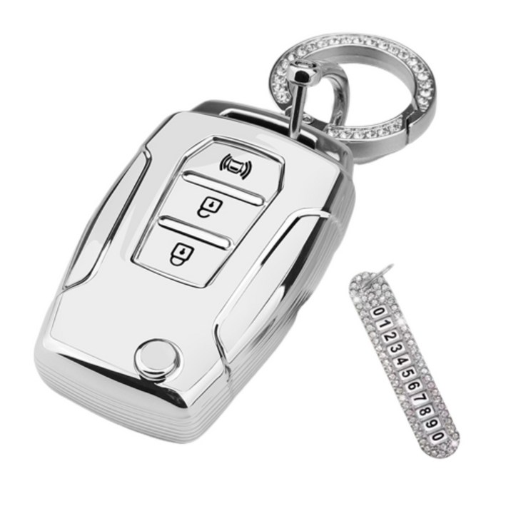 키에티 쌍용 호환 티볼리 토레스 풀커버 경보음버튼 TPU 엣지 키케이스 A타입 + 큐빅번호판, 실버_화이트