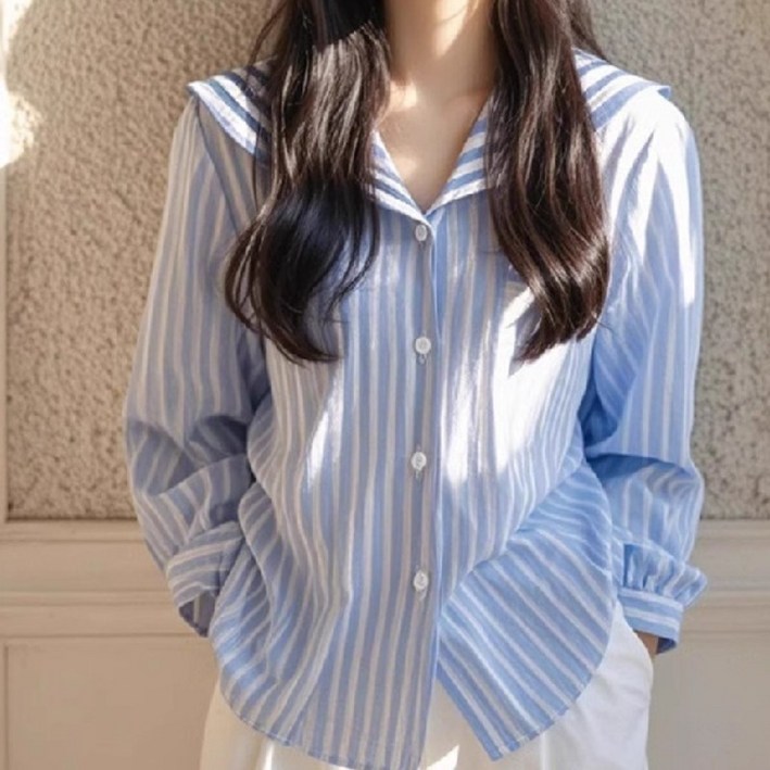 Toruva 캐주얼 봄여름 스트라이프 와이드 칼라 긴팔 셔츠 버튼 클로징