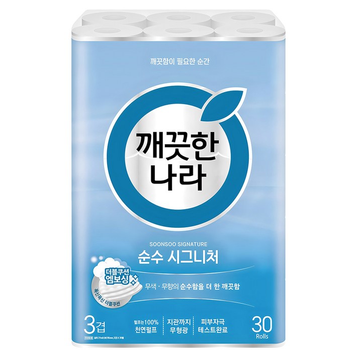 깨끗한나라 순수 시그니처 천연펄프 3겹 롤화장지, 27m, 30롤, 1개
