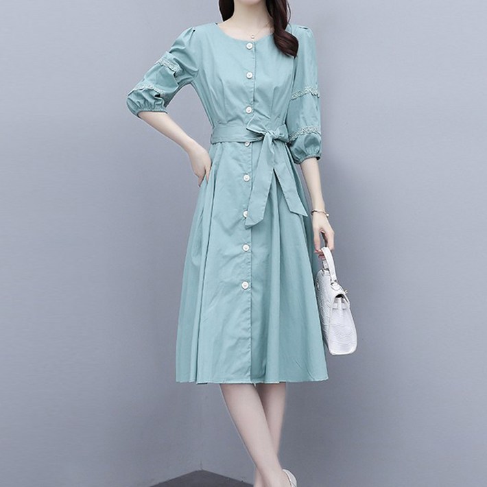 아뗄릭 리본 스트랩 7부 소매 중앙 버튼 미디 원피스 01174