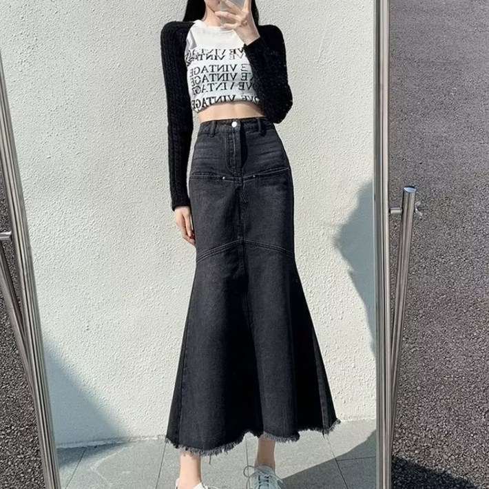피어니스트 머메이드핏 캐주얼 데님 청 롱스커트