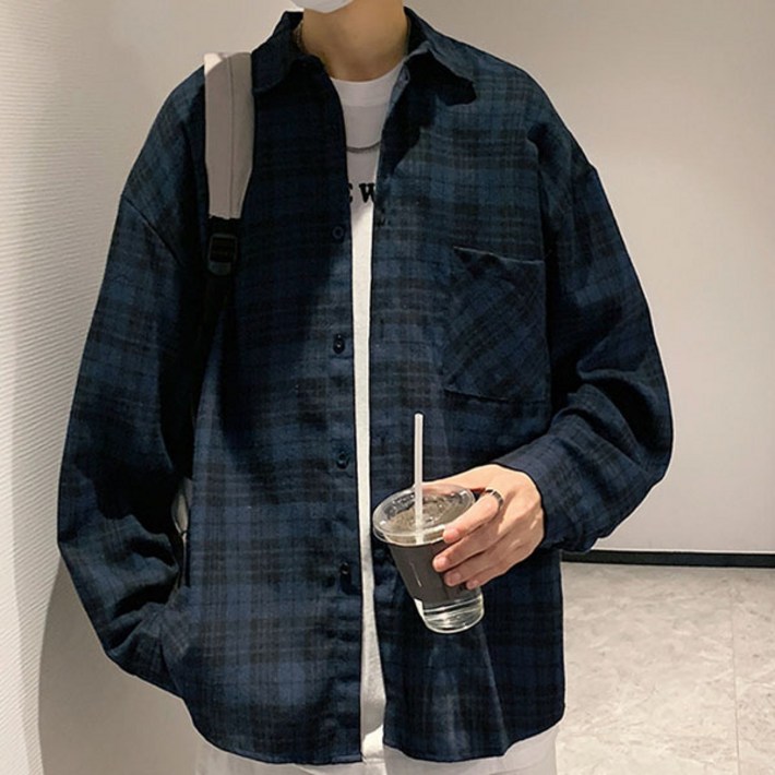 남성용 포이트 데일리 오버핏 캐주얼 포켓 체크 남방