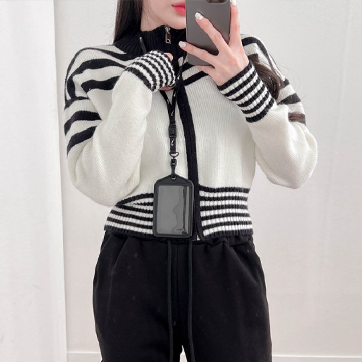 밀키버터 여성용 불규칙 단가라 니트 집업