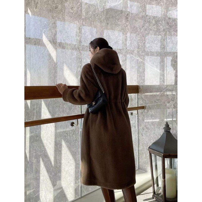 후드 밍크퍼 무스탕 롱코트