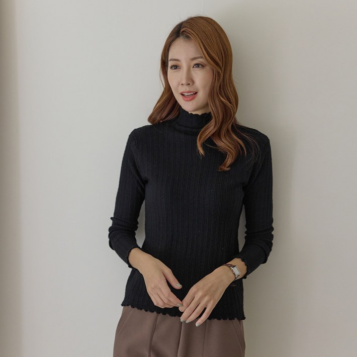 씨엘스토리 여성 데일리 루즈핏 주름 물결 폴라넥 니트