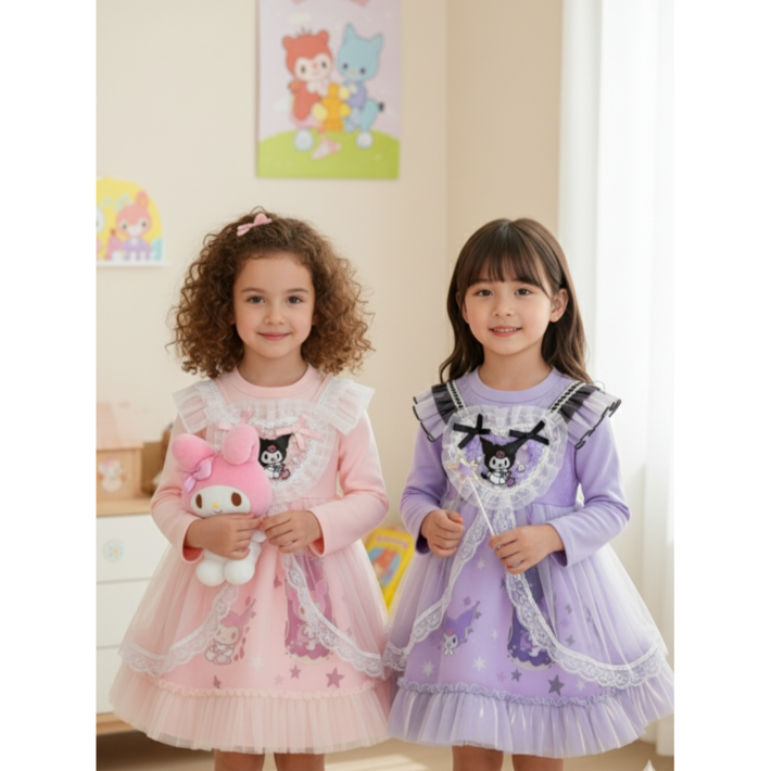 쿠로미 긴팔 공주드레스 산리오 캐릭터 긴팔원피스 크리스마스 파티 드레스 생일선물 쿠로미 드레스국내당일발송