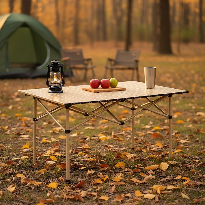 디프 접이식 캠핑 롤 테이블 휴대용 경량, 베이지