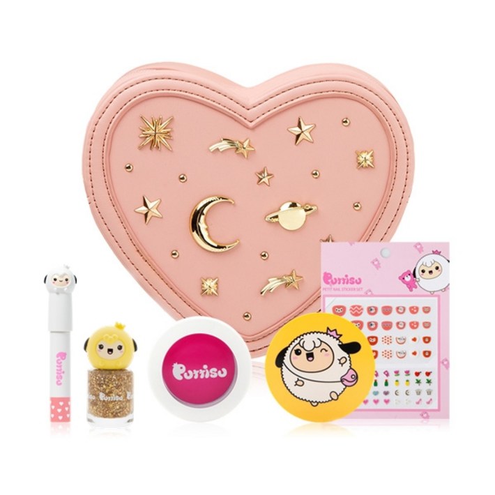 뿌띠슈 어린이 화장품 핸드백 세트 초등학생 여아 6종 선물세트 하트백매니큐어립크레용블러셔선쿠션스티커, 1개, 하트 백 세트