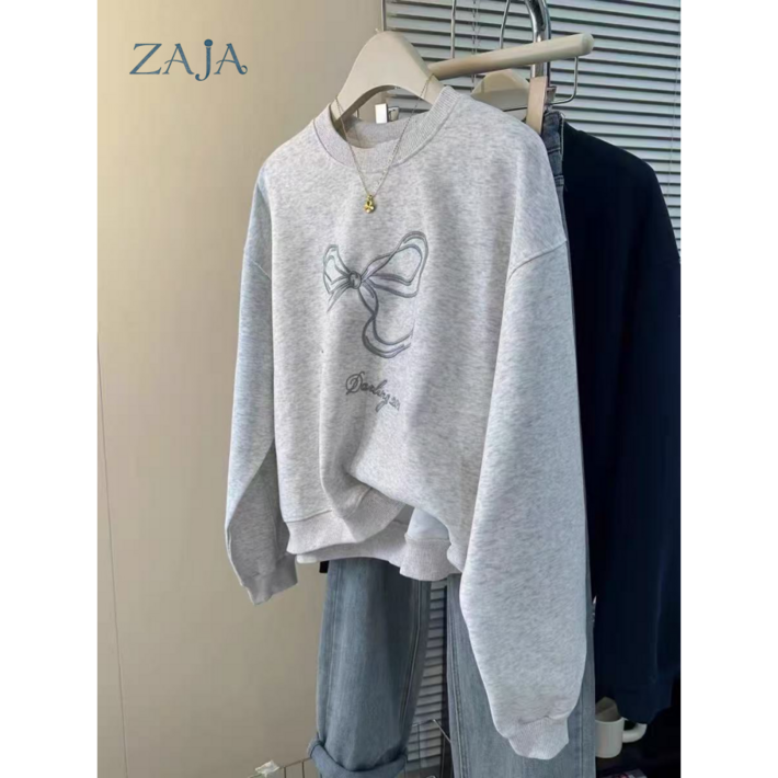 ZAJA 여성 데일리 캐주얼 오버핏 리본 맨투맨 긴팔티셔츠