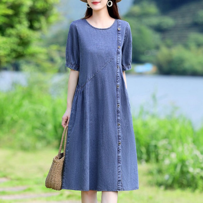 Asure 여름 얇은 데님 원피스 빅사이즈 라운드 반팔 여성 롱 원피스