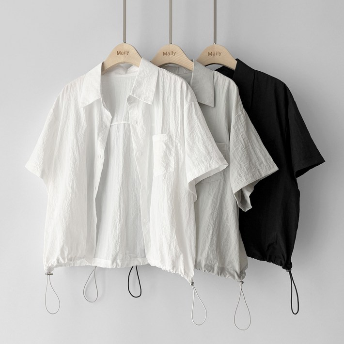 메일리 쿨 여름 바스락 스트링 오버핏 레인 여자 여성 숏 반팔 셔츠 남방 자켓 블라우스