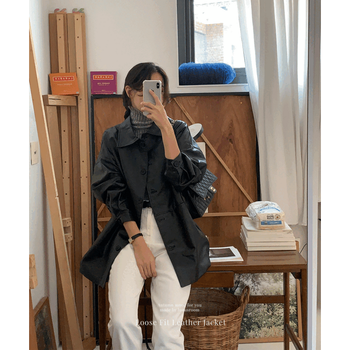 루어스룸 플라잉 가을 레더 베이직 무광 루즈핏 가죽 버튼 단추 카라 포켓 하프 라이더 빅사이즈 가죽자켓 코트