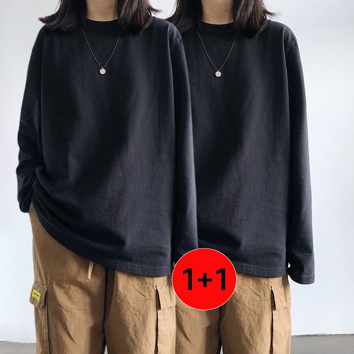 TIMEPURE 11 여성 릴렉스핏 긴팔 티셔츠 레이어드 오버핏 라운드넥 롱슬리브 티셔츠 여성 베이직 기본 긴팔 티셔츠 2종세트